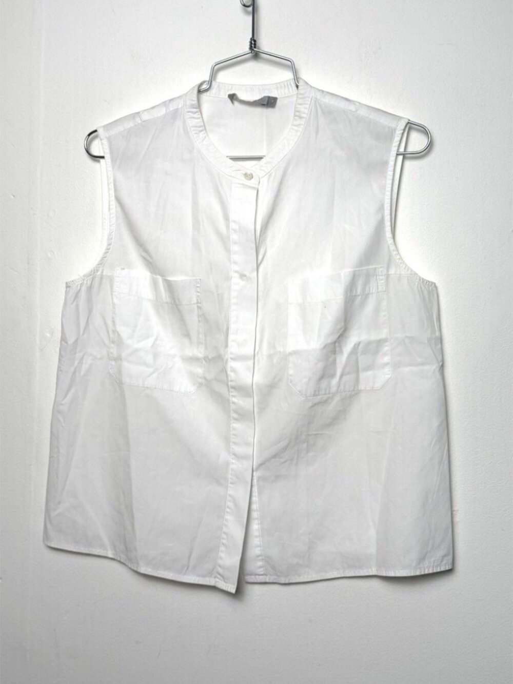 Vince White Cotton Sleeveless Band Collar Button Down Shirt